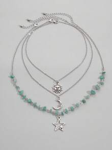 ROMWE Fairycore 3pcs Set Simple Star, Moon & Sun Pendant Bead Chain Necklace - Multicolor - View 2
