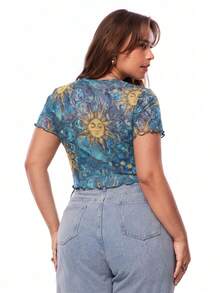 Solavibe Plus Size Women's All-Over Print Casual Versatile Daily Wear Short Sleeve Top - Blue - View 3