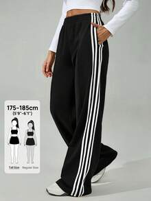 SHEIN Tall 女款彈性腰側條紋寬腿寬鬆休閒運動長褲，返校季，高個女性適用 - 黑與白 - 查看 8