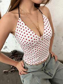 INAWLY 女款時尚法式波點印花短版掛脖綁帶背心上衣 - 彩色 - 查看 3