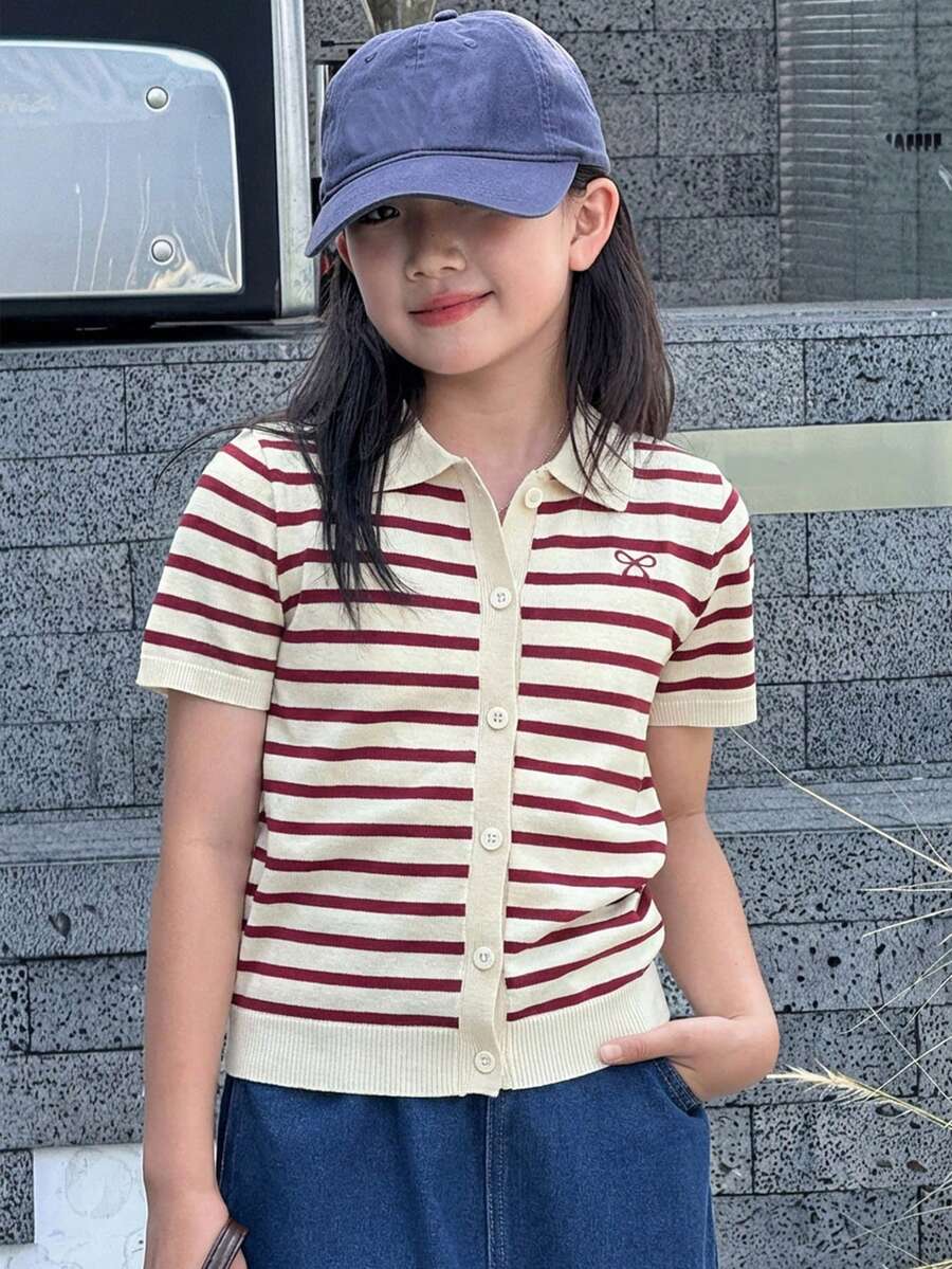 Dazy Kids Áo dệt kim tay ngắn cài cúc phía trước, kẻ sọc, thêu nơ, kiểu dáng thường ngày cho bé gái tuổi teen, thích hợp mặc mùa hè. - Màu Đỏ Sâu - Xem 1