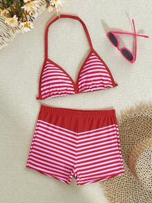 SHEIN Tween Girls Swimwear Set, Simple Striped Print, Halter Halter And Shorts, Suitable For Beach, Vacation, Outings, Sand, Summer - Pink - View 1