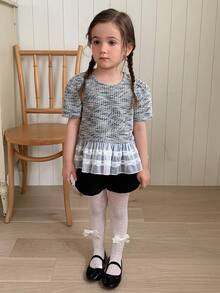 DAZY Blus Pullover Leher Bulat Motif Patchwork yang Mengencangkan Pinggang untuk Anak Perempuan Musim Panas - Hitam dan Putih - View 3