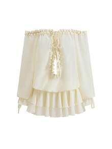 Sweetness Summer Vacation Music Festival Golf Outfit, Sweet Spicy Ruffle V-Neck Off Shoulder Chiffon Dress White Sexy - Beige - View 13