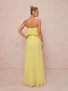 Lumalex New Spring/Summer Pleated Lemon Yellow Lace Trim Bandeau Long Dress Dinner Day Party Elegant - Light Yellow - View 12