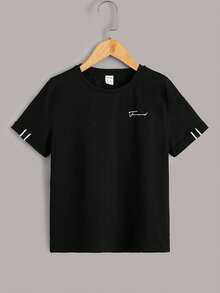 Tween Boy 2pcs Letter Graphic Tape Detail Tee, School, Campus, College,Kids - Black and White - View 8