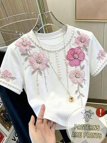 Franclia 夏日氛圍女款時尚百搭花卉數位印花修身短袖T恤，高級女裝，滿版花卉珍珠印花T恤，仿刺繡花卉T恤，仿珍珠T恤 - 淺粉色 - 查看 3
