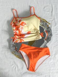 SHEIN 青少年女孩比基尼套裝 夏季兩件式泳衣套裝，時尚撞色花卉上衣與泳褲套裝，適合游泳、度假、夏季海灘穿著，兒童泳衣套裝，夏季假期 - 橘色 - 查看 9