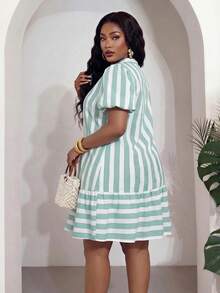 Veslaya Plus Size Women 2026 Spring/Summer New High-End Elegant Romantic V-Neck Petal Sleeve Striped A-Line Patchwork Hem Short Dress - Multicolor - View 3