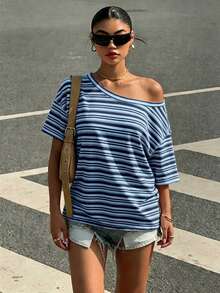 SHEIN EZwear 休閒簡約藍色條紋滿版印花落肩短袖寬鬆女款T恤，適合夏季 - 彩色 - 查看 5