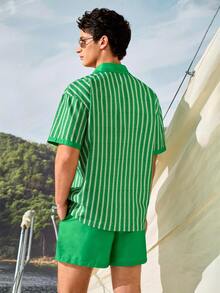 Manfinity VDAYZ Men's Vacation Striped Short Sleeve Single-Breasted Shirt And Shorts Beach Set, Holiday - Green - View 6