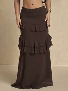Silquee Women's Brown Chiffon Multi-Layered Ruffle Skirt, Suitable For Parties, Music Festivals, Gatherings, Everyday Wear, Vacations, And Dates. - Coffee Brown - View 4
