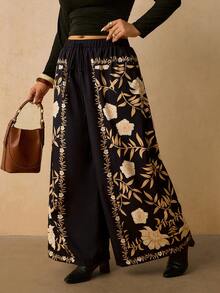Levarali Plus Size Tropical Vacation Style Boho Wide Leg Casual Long Pants Vacation Black Autumn - Black - View 6