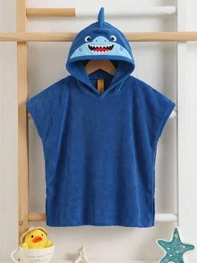 SHEIN 男嬰藍色3D裝飾可愛鯊魚印花連帽衛衣，適合度假、海灘、海邊、泳池 - 藍色 - 查看 3