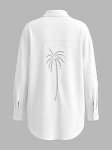 SHEIN Vacation Style White Coconut Tree Hollow Embroidery Loose Beach Shirt Dress - White - View 5