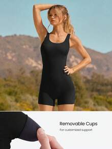 GLOWMODE 4.3" FeatherFit™ Buttery-Soft Stretchy Tummy Control Removable Cups Side Pockets U-Back Bodysuit Romper Low Impact Yoga Pilates Studio Gym Workout Daily Wear - Black - View 4
