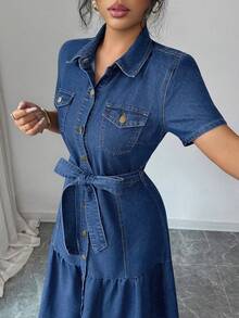 Elenzga 女款夏季休閒前開扣牛仔洋裝 - 中等水洗藍 - 查看 4