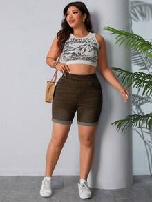 SHEIN ICON 大尺碼夏季休閒修身牛仔短褲 - 棕色 - 查看 6