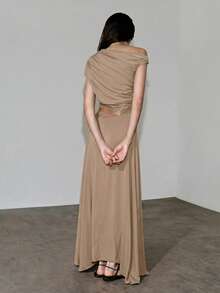 MOTF PREMIUM URBAN WAIST-CINCHED CUT-OUT CONTRAST LACE ASYMMETRICAL SHOULDER DRESS SPRING/SUMMER - Camel - View 2