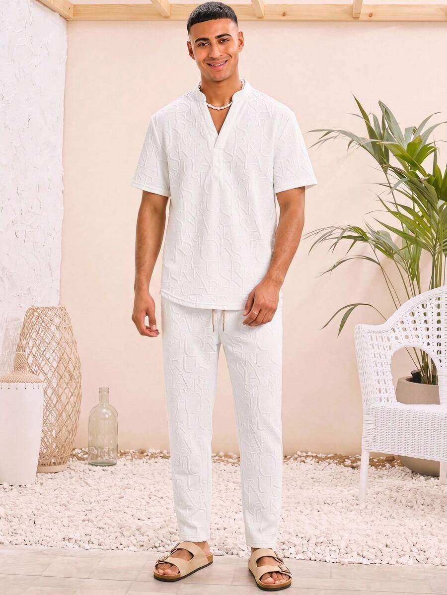 Manfinity VCAY Loose Men's Notched Neck Top & Drawstring Waist Pants Set, Old Money, Cozy Outfits, Vacation, Father's Day Gifts - White - View 1