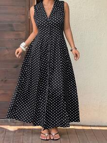 Sunnyshic Vestido Maxi Talla Grande para Mujer con Lunares Negros, Cuello en V con Solapa, Cierre de Botones Delanteros, Cintura Ceñida, Corte A, Elegante Minimalista, Versátil para Vacaciones, Playa, Desplazamiento, Compras, Citas y Uso Diario - Negro - Ver 3