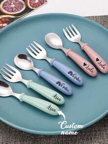 2 piezas Juegos de cubiertos de acero inoxidable personalizables para niños con patrones grabados, cucharas, tenedores, caja de almacenamiento. Perfecto para jardines de infantes, regalo de Navidad, regreso a la escuela - Multicolor - Ver 13