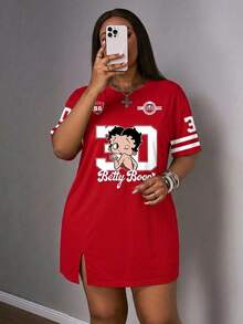Slaydiva Betty Boop x SHEIN 大尺碼夏季休閒簡約卡通數字印花洋裝，適合騎行、半正式場合、辦公室、早午餐、居家與度假，紅白配色 - 彩色 - 查看 1