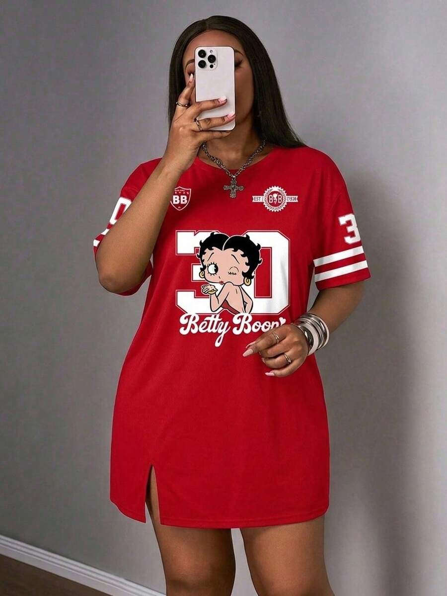 Slaydiva Betty Boop x SHEIN 大尺碼夏季休閒簡約卡通數字印花洋裝，適合騎行、半正式場合、辦公室、早午餐、居家與度假，紅白配色 - 彩色 - 查看 1