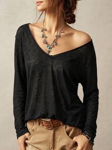 Bohemela Casual Plain Vacation Solid Color Knit Women's T-Shirt Everyday Black Autumn Everyday Travel - Black - View 1