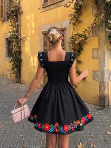 SHEIN Clasi Women's Square Neck Short Dress Fashion Faux Embroidery Printed Ruffle Hem Design Summer Daily Commute Travel Vacation Black Floral Old Money - Black - View 2