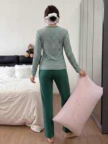 Randig ribstickad bomull med söt kaninbroderi, långärmad skjorta och byxor för kvinnor, bekvämt pyjamasset - Grön - Visa 2
