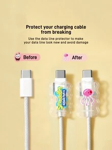 SpongeBob SquarePants | SHEIN 數據線保護套，相容 iPhone 充電器，卡通圖案，3 件組充電器保護套（不含數據線） - 無色 - 查看 5