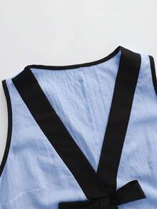 SHEIN Holidaya 女款春夏新款白黑配色 100%純棉面料 寬鬆V領 度假節日休閒通勤日常優雅派對居家長版無袖洋裝 - 淺藍色 - 查看 3