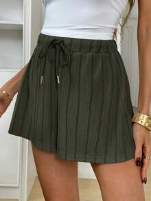 Easowa Summer New Textured Striped Fabric Elastic Waist Casual Relaxed Elegant Commute Old Money Style Vacation Spring Summer Women's Shorts - Dark Green - View 4