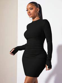 SHEIN SXY Mock Neck Ruched Bodycon Black Mini With Long Sleeves  Dress - Black - View 4