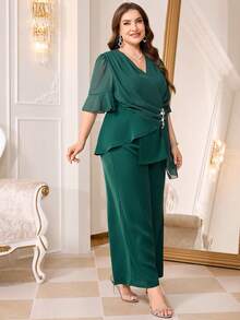 Reflora Conjunto de dos piezas de camisa y pantalones con decoración de diamantes de imitación elegante para fiesta de talla grande - Verde - Ver 8