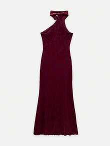 Nöista A New Chinese-Style Deep Burgundy Flocked Floral Off-Shoulder Tie-Front Maxi Dress With A Fitted Cut. - Burgundy - View 9