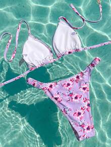 Swim Vcay Spring/Summer 2-Piece Women's Beach Vacation Outfit Fashionable Cute Tropical Sexy Swim Pool Party Random Print Lavender Floral Halter Neck Bikini Set - Multicolor - View 2