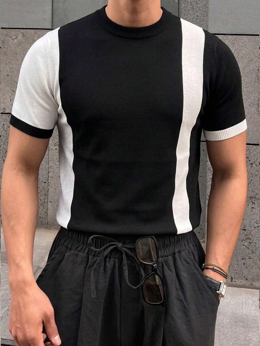 DAZY Camiseta de punto de manga corta con bloques de color y patchwork para hombre, verano - Negro - Ver 1