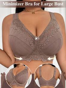 DesireSculpt 1pc Romantic Lace Patchwork Comfortable Adjustable Bra, Spaghetti Strap, Lift & Support, Underwire, Plus Size - Mocha Brown - View 3