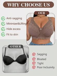 DesireSculpt 1pc Romantic Lace Patchwork Comfortable Adjustable Bra, Spaghetti Strap, Lift & Support, Underwire, Plus Size - Mocha Brown - View 5