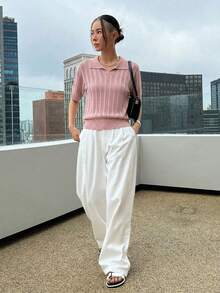 DAZY 條紋 Polo 領短袖休閒春夏季女款針織上衣 - 粉色 - 查看 4
