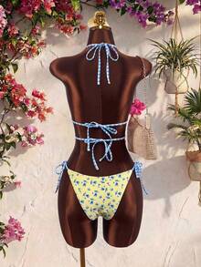 Swim Vcay Conjunto de Maiô Feminino de Duas Peças, Top de Banho Floral Sexy e Moderno com Contas e Costas Abertas, Calcinha de Maiô Bikini Triangular com Amarração Lateral, Novo Estilo Primavera/Verão - Multicolorido - Visão 2