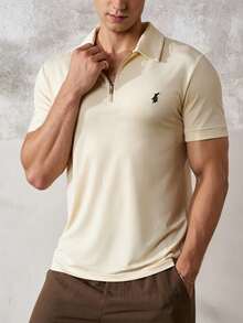 TONEVAULT Men's Half-Zip Casual Versatile Daily Travel Short Sleeve T-Shirt - Khaki - View 6