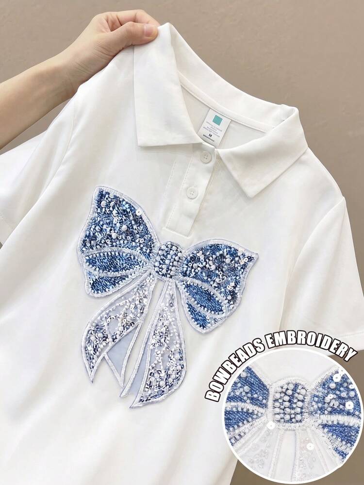 Resyla Women's Pearl Decor Bow Print Round Neck Short Sleeve Casual Cute Standard Size T-Shirt School Blue And White Summer - Multicolor - View 1