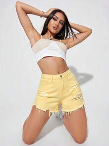 SHEIN Essnce 女款磨損毛邊鈕扣口袋牛仔短褲 - 黃色 - 查看 3