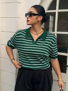 Dazy Plus Top de punto de manga corta con cuello polo, patchwork de bloques de color, divertido y casual, talla grande para mujer, primavera/verano - Verde Oscuro - Ver 1