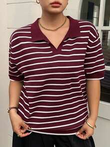 Dazy Plus Top de punto de manga corta con cuello polo, diseño de bloques de color y patchwork, divertido y casual, talla grande para mujer, primavera/verano - Rojo violeta - Ver 7