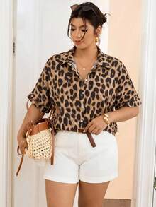Lounesse Casual Vacation Leopard Print Fabric Plus Size Women's Shirt Suitable For Summer, Daily Outings, Music Festivals - Multicolor - View 5