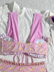 Swim Mod Girls Sweet 2pcs Floral Random Print Wide Strap Tie Front Triangle Bikini Swimsuit Set - Multicolor - View 8